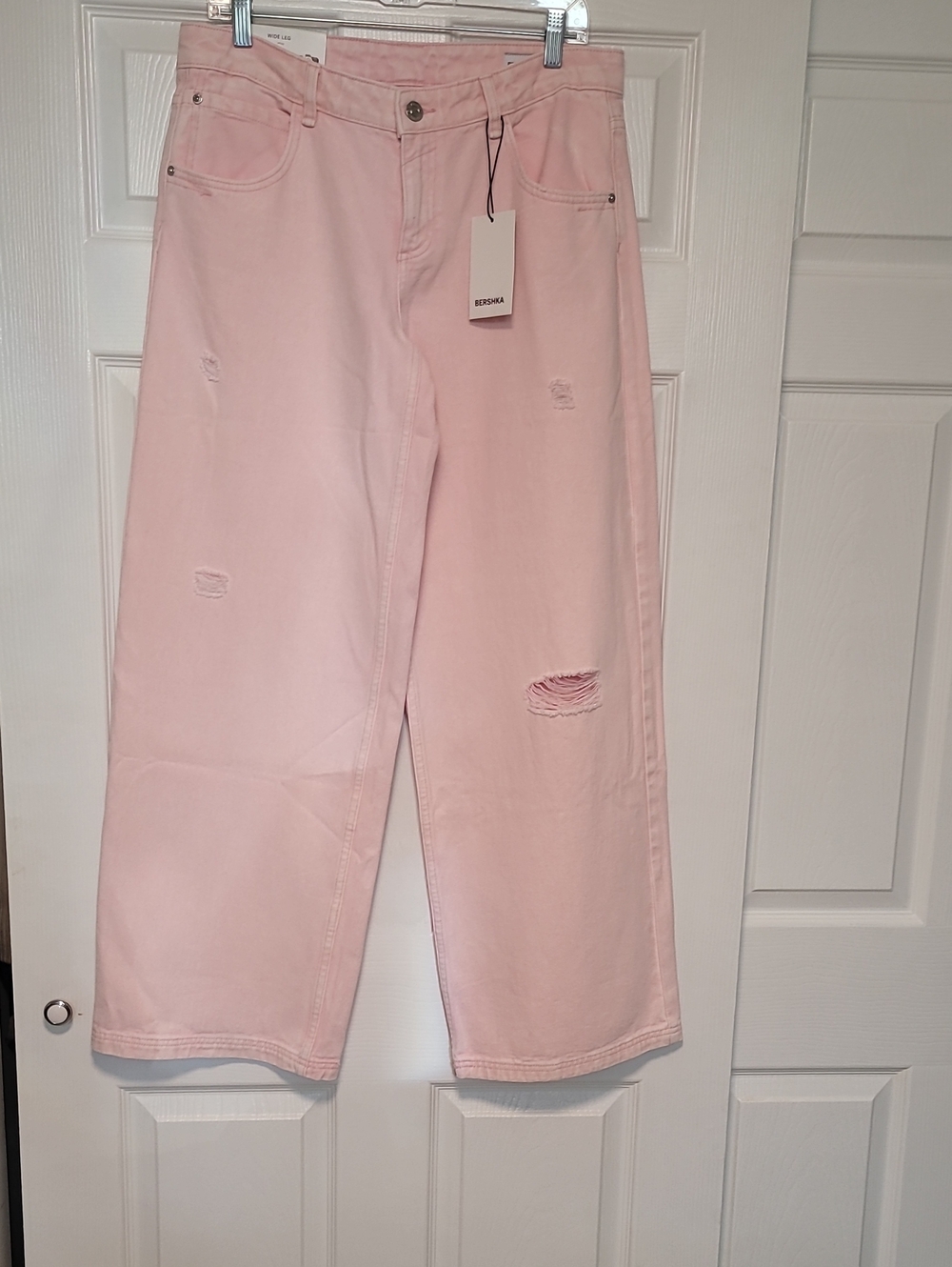 Bershka Light Pink Wide-Leg Distressed Jeans